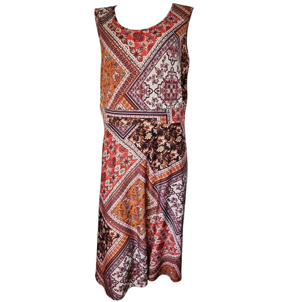 Christopher & Banks Dress Womens Size L Large Red Brown Patchwork Floral Stretch